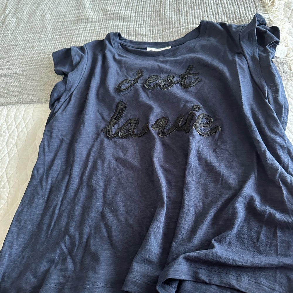 Navy Blue Women’s Shirt with Black Text